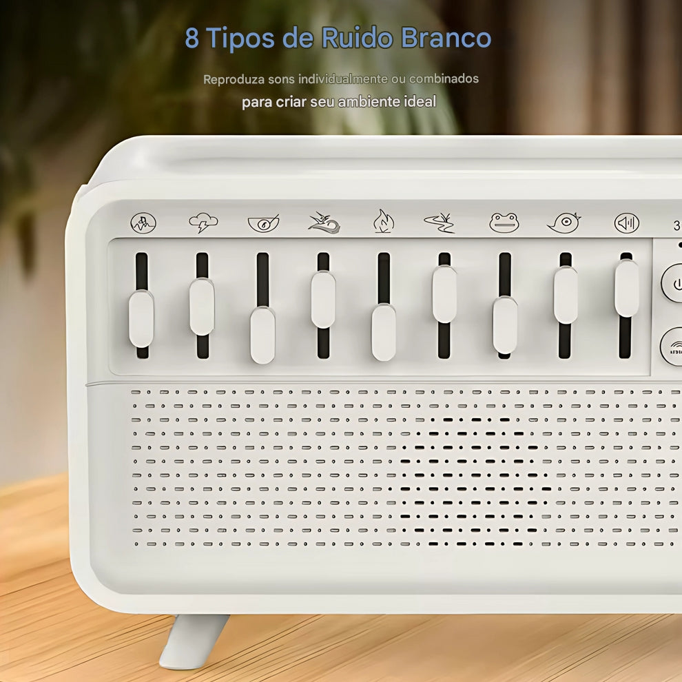 Umidificador 3 em 1 – Sono Perfeito com Ruído Branco, Som de Chuva e Luz Relaxante