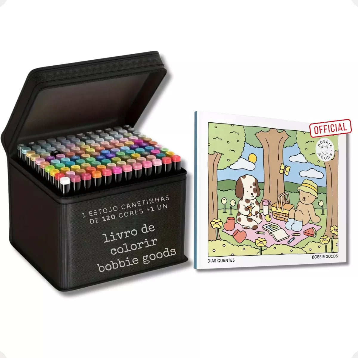 Estojo Canetinhas Cololoridas Marcador Permanente Ponta Dupla 120 Cores + 5 Livro de Colorir