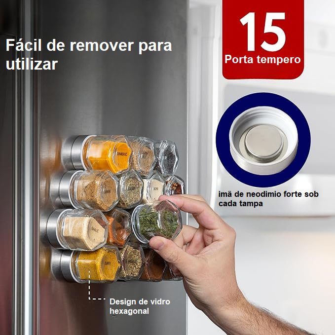 Kit com 15 Potes Magnéticos para Armazenamento de Temperos – Tampas em Aço Inoxidável e 60 Rótulos Inclusos